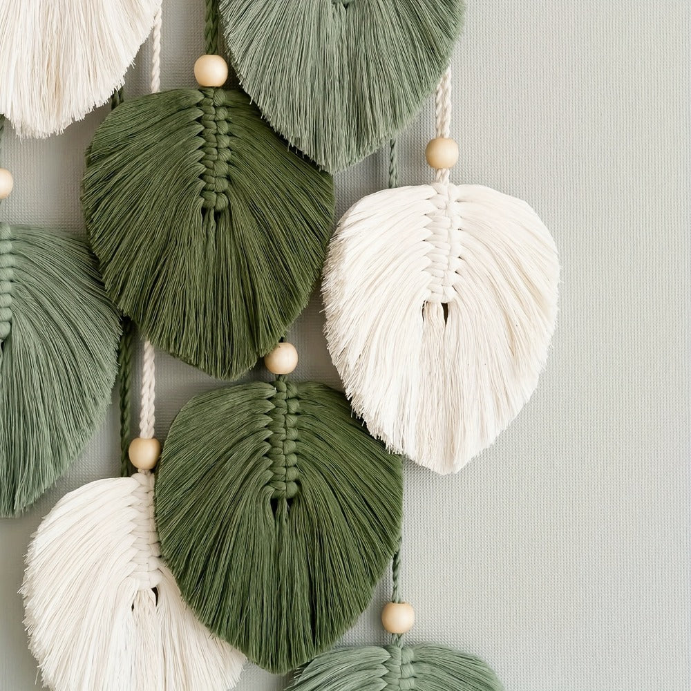 Bohemian Wall Hanging Tapestry Handmade Green Leaf Design – Natural Acrylic Wall Art for Living Room Bedroom Office Home Decor