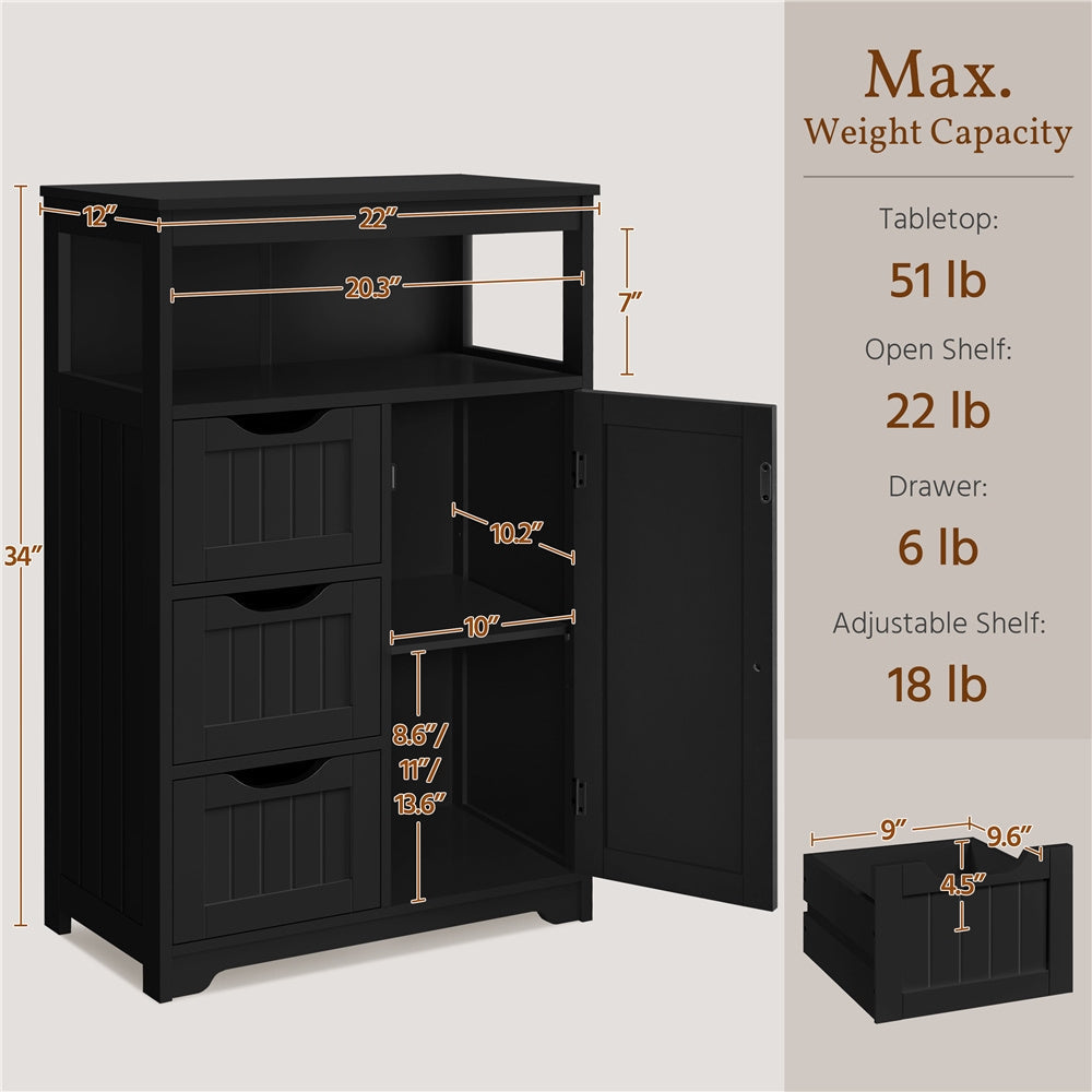 Storage Cabinet Three-Drawer MDF Organizer with Open Shelf, Adjustable Cupboard and Five Colors