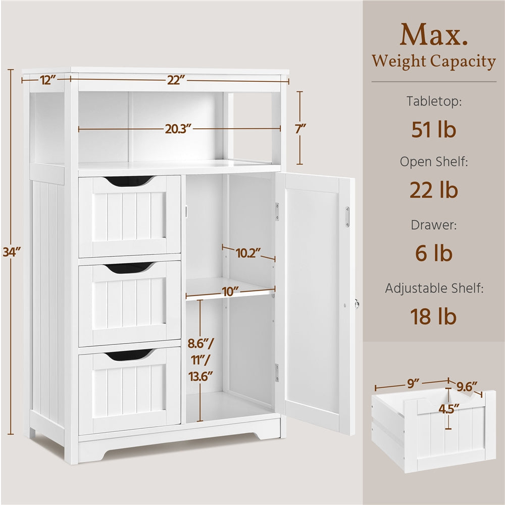 Storage Cabinet Three-Drawer MDF Organizer with Open Shelf, Adjustable Cupboard and Five Colors