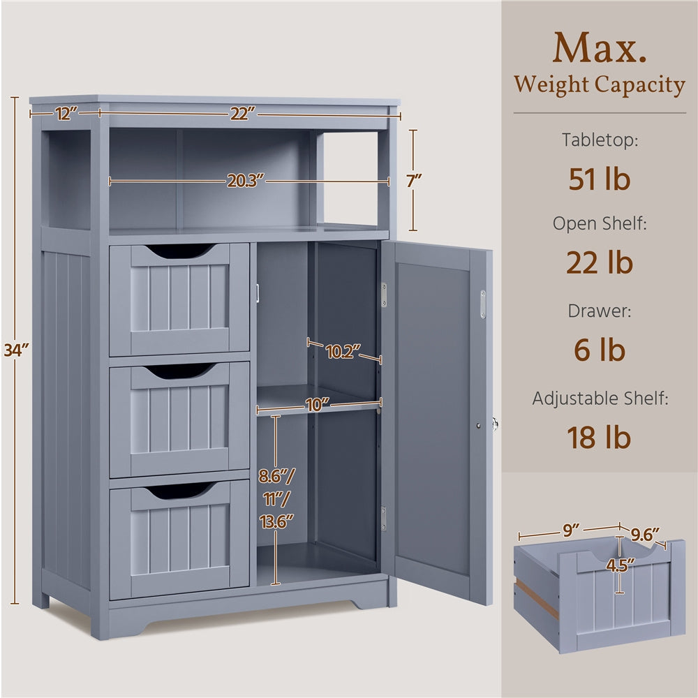 Storage Cabinet Three-Drawer MDF Organizer with Open Shelf, Adjustable Cupboard and Five Colors