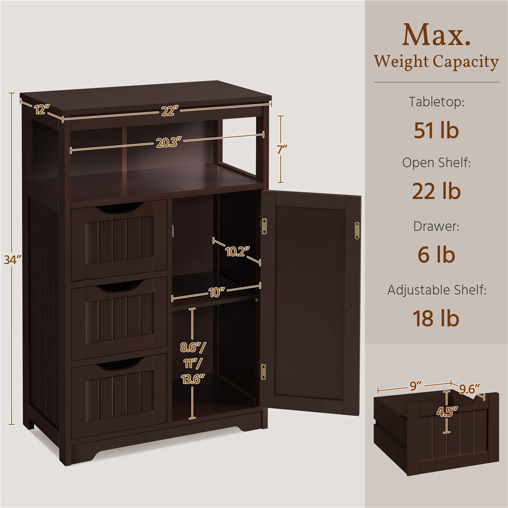 Storage Cabinet Three-Drawer MDF Organizer with Open Shelf, Adjustable Cupboard and Five Colors