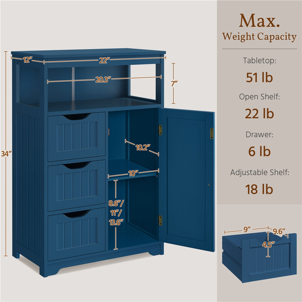 Storage Cabinet Three-Drawer MDF Organizer with Open Shelf, Adjustable Cupboard and Five Colors