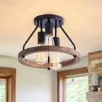 Farmhouse Semi Flush Ceiling Light 3-Bulb Wood & Metal - Rustic Industrial Ceiling Lamp for Home Cooking, Dining and Outdoor Meals