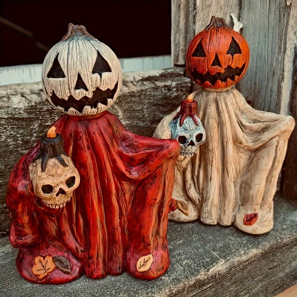 Halloween Pumpkin Wizard Resin Figurine 2-Pack, Spooky Desktop Ornament & Bookshelf Decor for Entryways, Bedrooms and Living Spaces