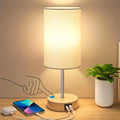 Table Lamp with Burlap Drum Shade, Wood Base, Three-Way Touch Dimming, USB-C Port and AC Outlet