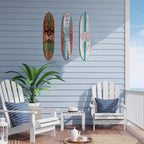 Wooden Surfboard Wall Art 15.74", Rustic Tropical Beach Decor with Hibiscus & Tiki Mask Design