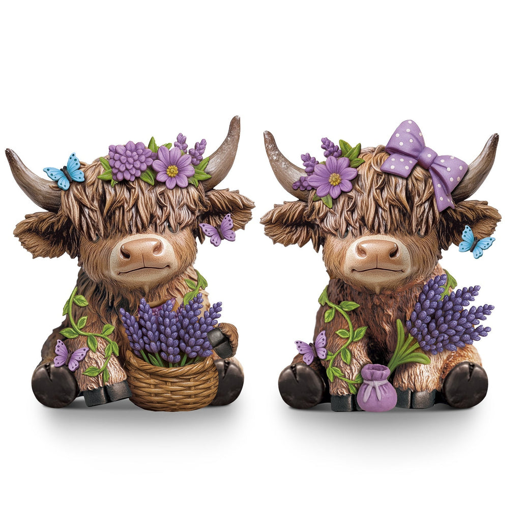 Scottish Highland Cow Figurines with Lavender - Resin Calf Statue Set of 2 for Home Garden Office Decor