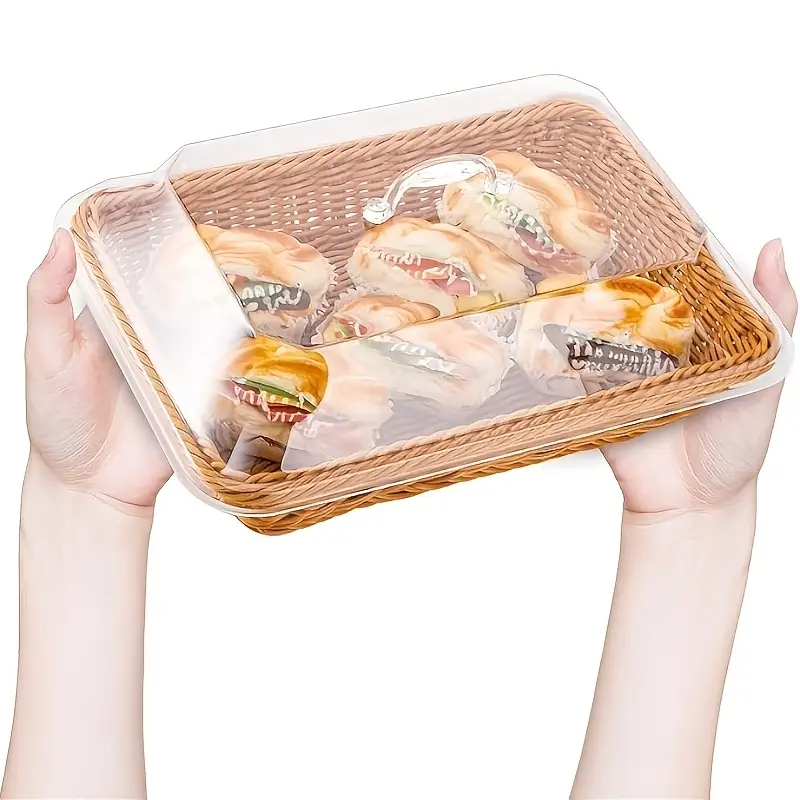 Wicker Bread Basket with Clear Acrylic Lid Rattan Storage Basket Washable Food Tray for Bread Fruit Desserts Kitchen Picnic Home Display Square Round