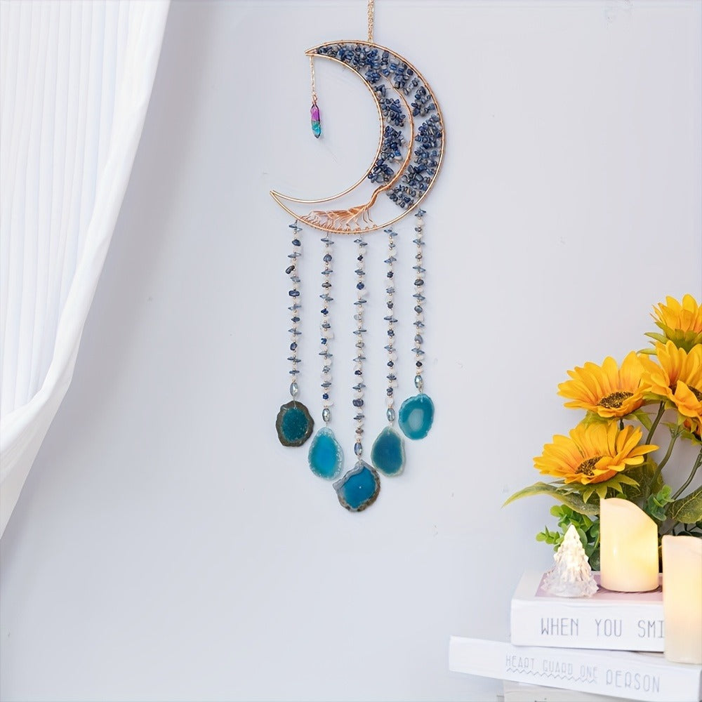 Dreamcatcher Moon Suncatcher Wall Hanging, Handmade Boho Wind Chime Pendant for Indoor Outdoor Garden