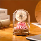 Dandelion Glass Dome Tabletop Decor with White Seed Head, Cork-Look Base, 3.2 x 2.4-Inch Size and Red or Pink Flowers