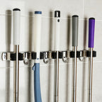Mop and Broom Holder Wall Mount, Stainless Steel Self Adhesive Rack with 5 Slots & 4 Hooks