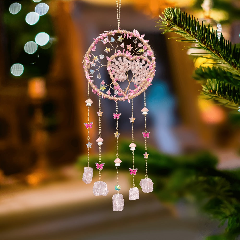 Boho Crystal Wall Hanging Decor – Handmade Stone Bead Wind Chime with Colorful Gemstone Heart & Circular Crystal Pendant for Bedroom Living Room Christmas Mother's Day Thanksgiving Gift (Purple/Pink/Green)