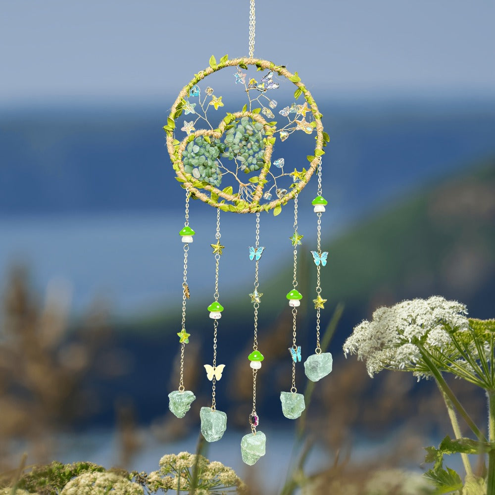 Boho Crystal Wall Hanging Decor – Handmade Stone Bead Wind Chime with Colorful Gemstone Heart & Circular Crystal Pendant for Bedroom Living Room Christmas Mother's Day Thanksgiving Gift (Purple/Pink/Green)