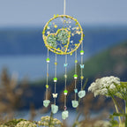 Boho Crystal Wall Hanging Decor – Handmade Stone Bead Wind Chime with Colorful Gemstone Heart & Circular Crystal Pendant for Bedroom Living Room Christmas Mother's Day Thanksgiving Gift (Purple/Pink/Green)