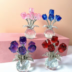 Glass Rose Sculpture Floral Home Decor – Sparkling Leaves Art Figurine for Bedroom, Living Room, Valentine's Day Gift
