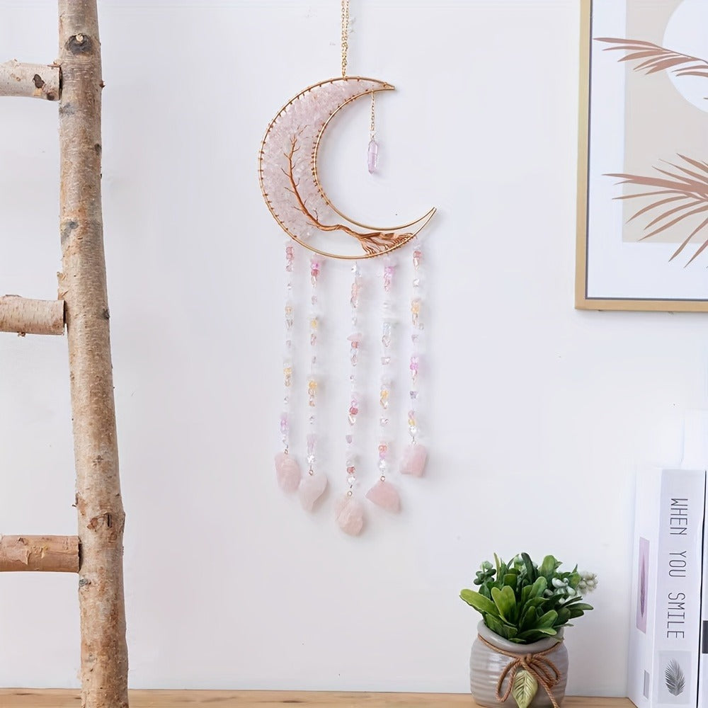 Dreamcatcher Moon Suncatcher Wall Hanging, Handmade Boho Wind Chime Pendant for Indoor Outdoor Garden