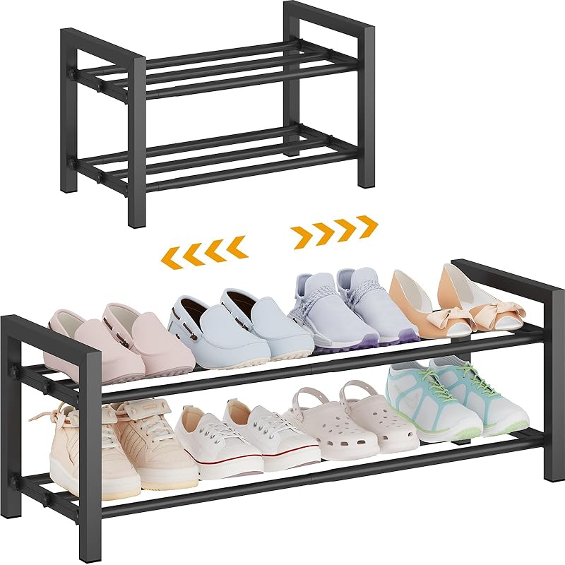 Shoe Rack Adjustable-Width Metal Organizer with 2, 3 or 4 Tiers and Tool-Free Assembly for Closets