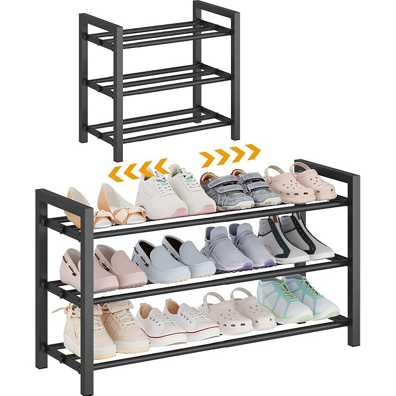Shoe Rack Adjustable-Width Metal Organizer with 2, 3 or 4 Tiers and Tool-Free Assembly for Closets
