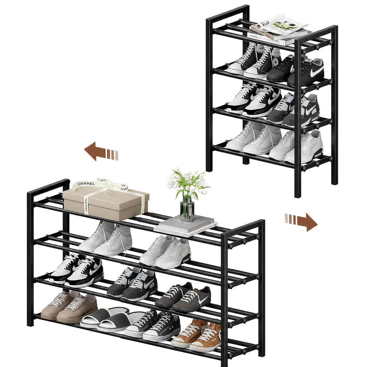 Shoe Rack Adjustable-Width Metal Organizer with 2, 3 or 4 Tiers and Tool-Free Assembly for Closets