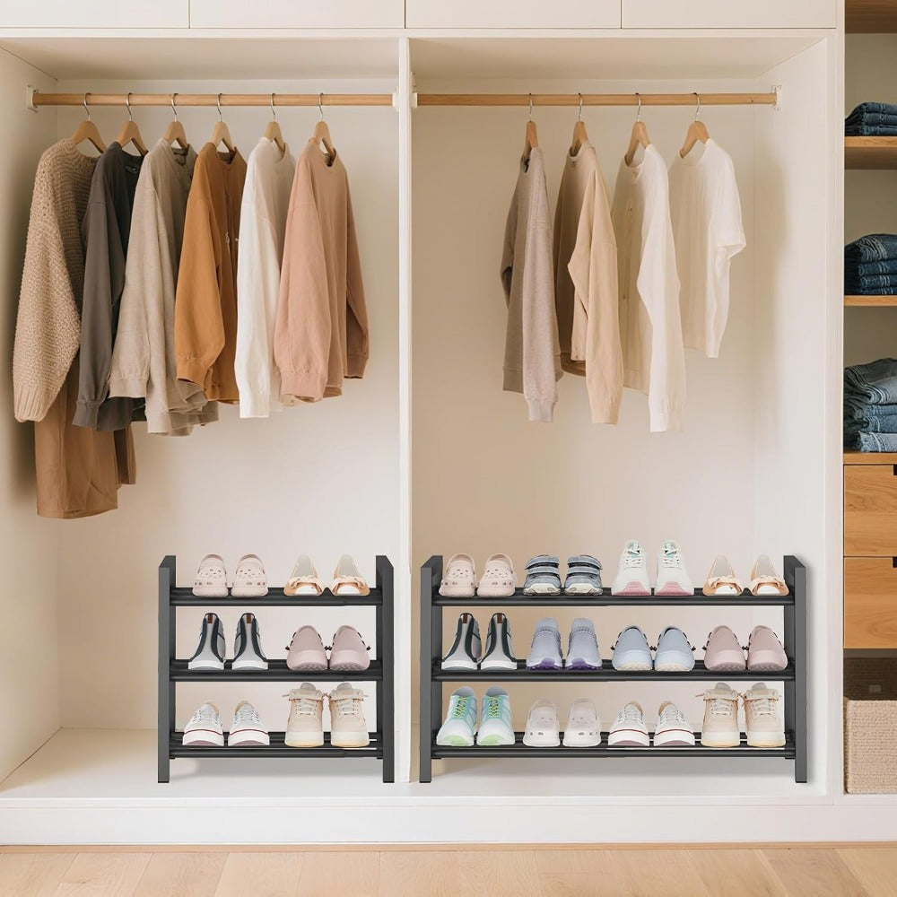 Shoe Rack Adjustable-Width Metal Organizer with 2, 3 or 4 Tiers and Tool-Free Assembly for Closets
