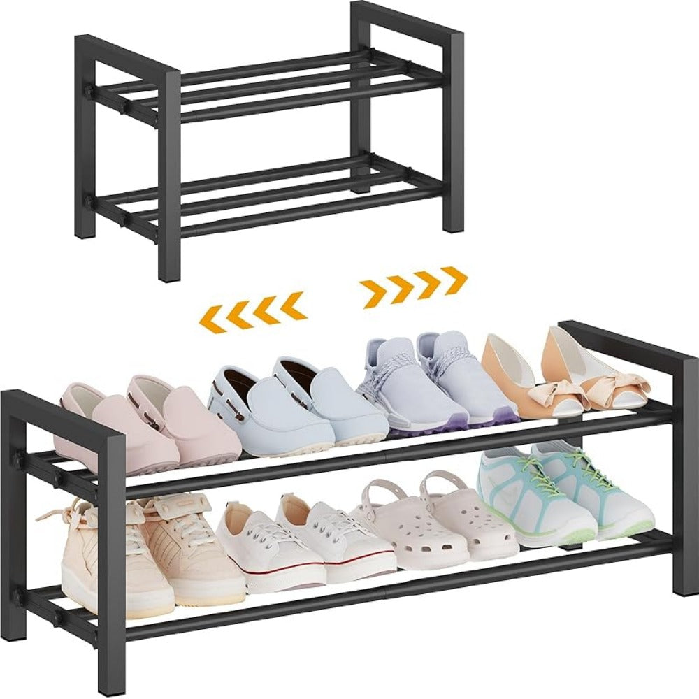 Shoe Rack Adjustable-Width Metal Organizer with 2, 3 or 4 Tiers and Tool-Free Assembly for Closets