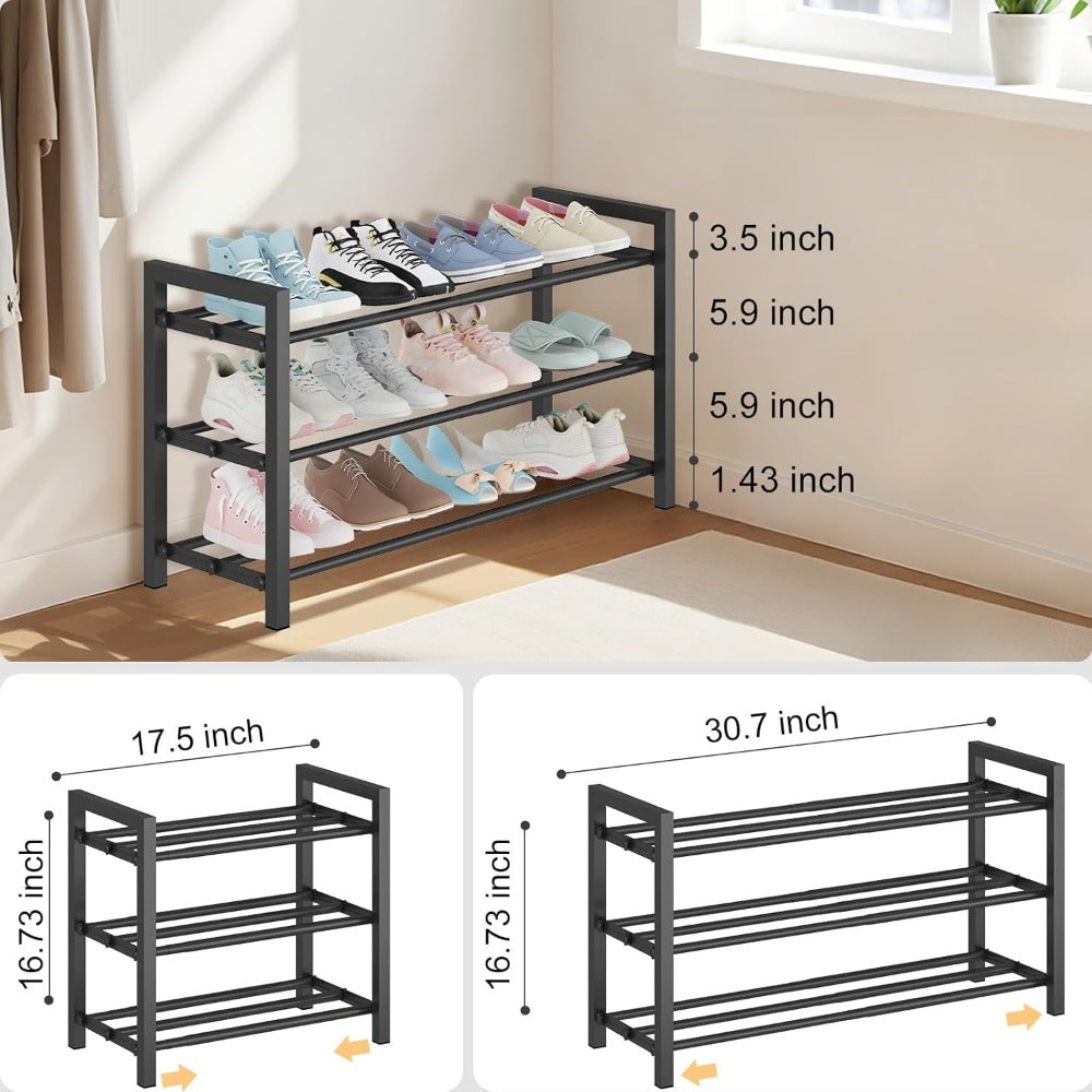 Shoe Rack Adjustable-Width Metal Organizer with 2, 3 or 4 Tiers and Tool-Free Assembly for Closets