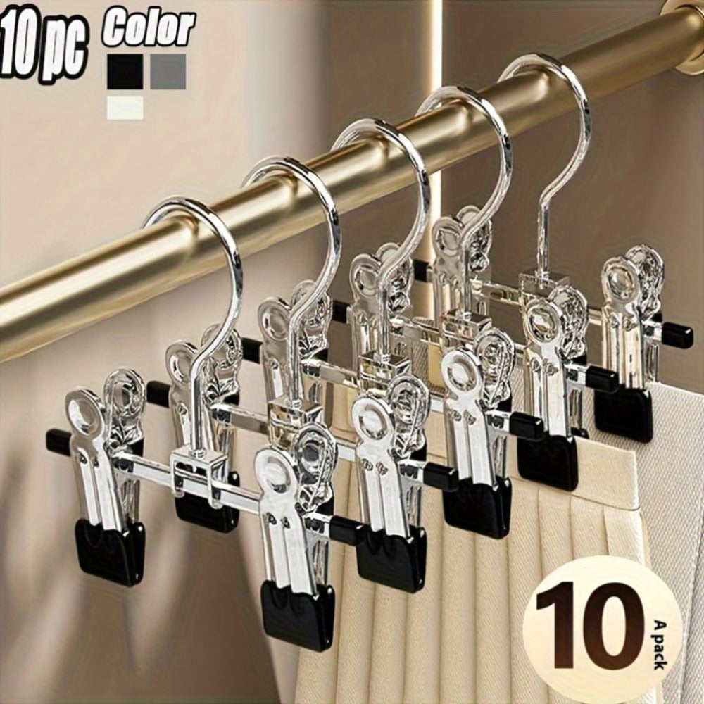 Metal Clamp Clothes Hangers, 10-Piece Set in White, Gray or Black with Twin Clips for Pants, Skirts or Boots