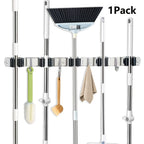 Mop and Broom Holder Wall Mount, Stainless Steel Self Adhesive Rack with 5 Slots & 4 Hooks