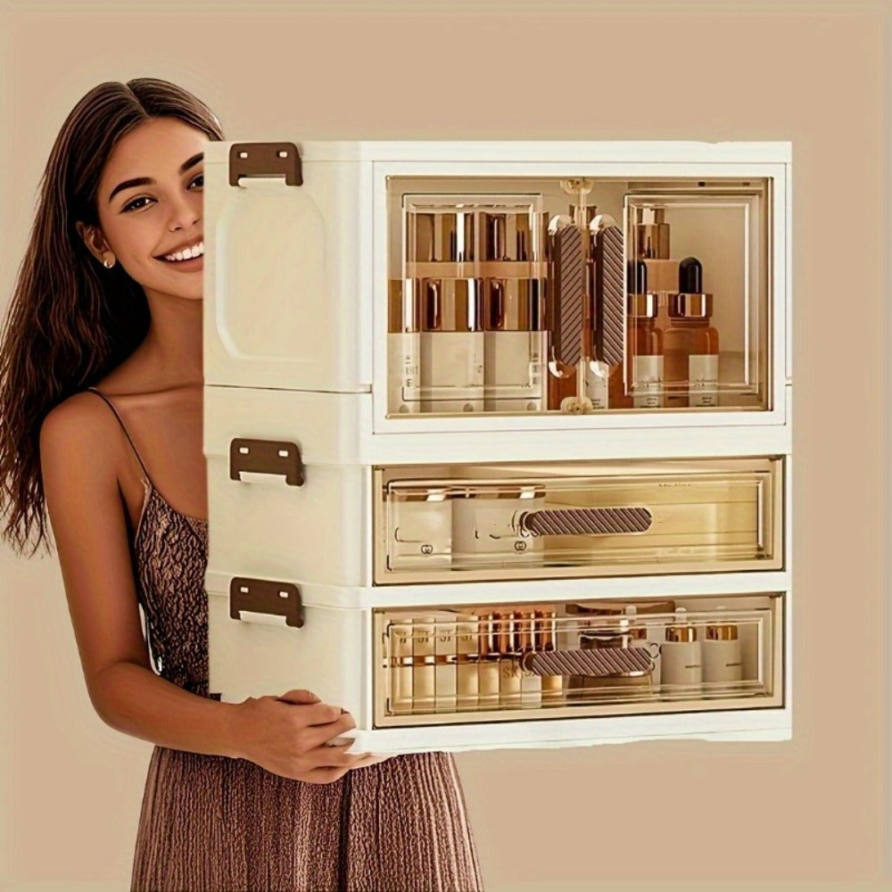 Modular Makeup Storage Cabinet with One or Two Doors, Two Transparent Drawers and White-Gold Trim