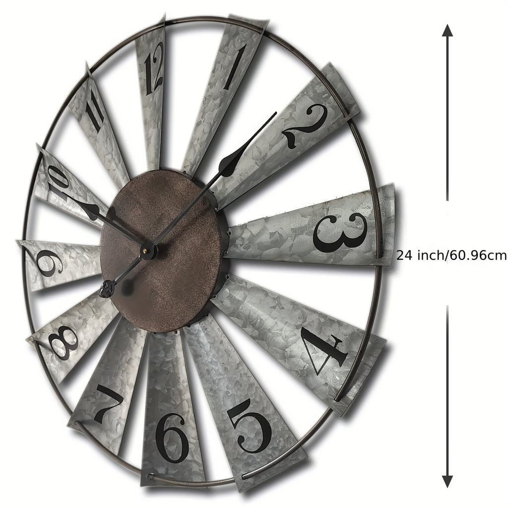 24-Inch Windmill-Style Metal Wall Clock with Galvanized-Look Silver Blades and Brown Analog Center