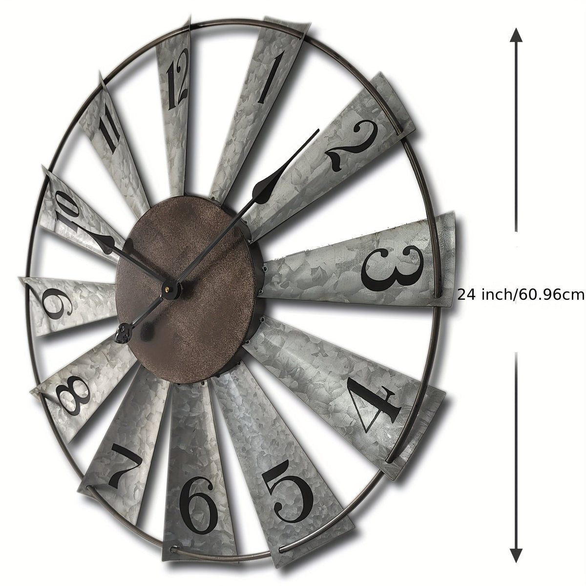 24-Inch Windmill-Style Metal Wall Clock with Galvanized-Look Silver Blades and Brown Analog Center