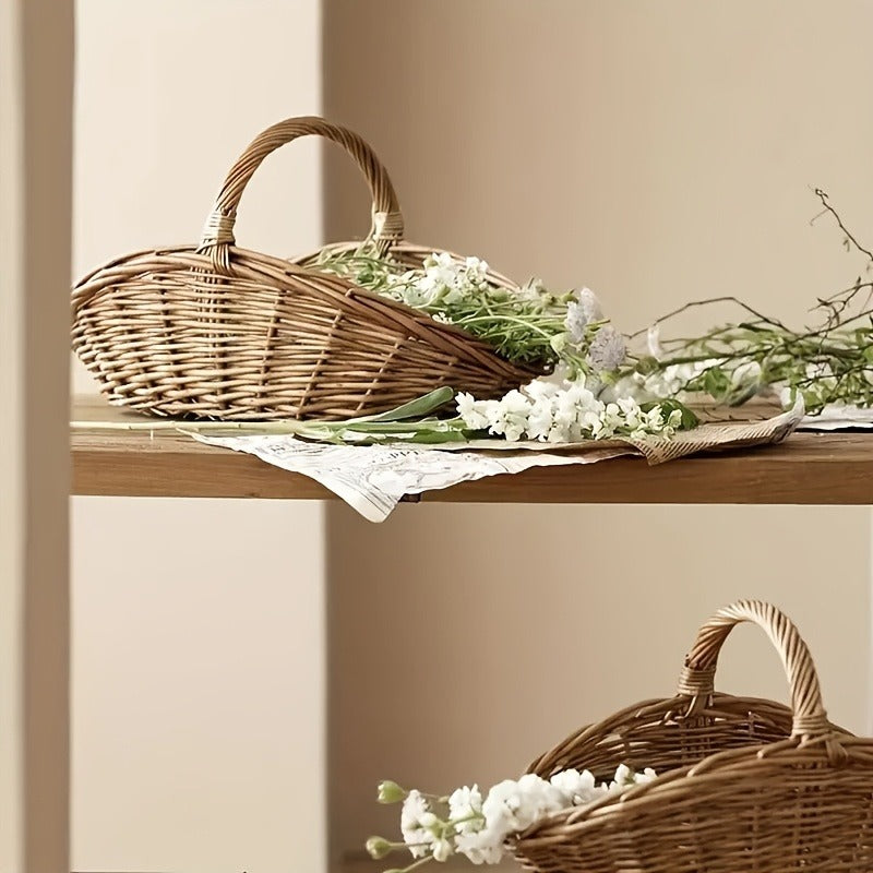 Seagrass Wicker Storage Basket with Handles, Handwoven Oval Farmhouse Organizer in Single-Piece Format