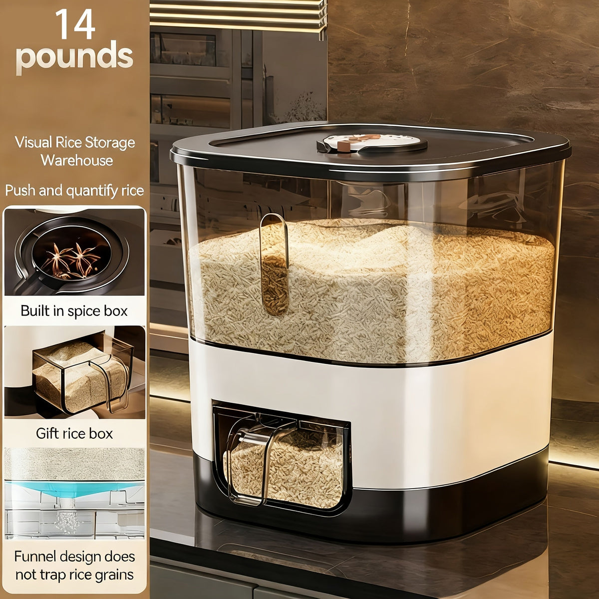 Airtight Rice Container with Measuring Cup, Large Moisture-Proof Rice Dispenser for Rice, Grains