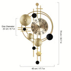 Golden Metal Art Wall Clock with Asymmetrical Circular Accents, Analog Dial and 30.7 x 17.7-Inch Size