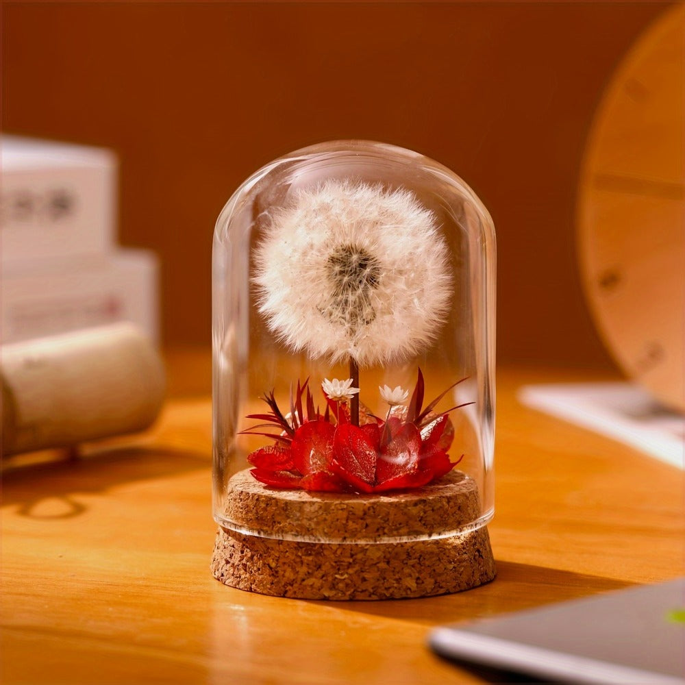 Dandelion Glass Dome Tabletop Decor with White Seed Head, Cork-Look Base, 3.2 x 2.4-Inch Size and Red or Pink Flowers
