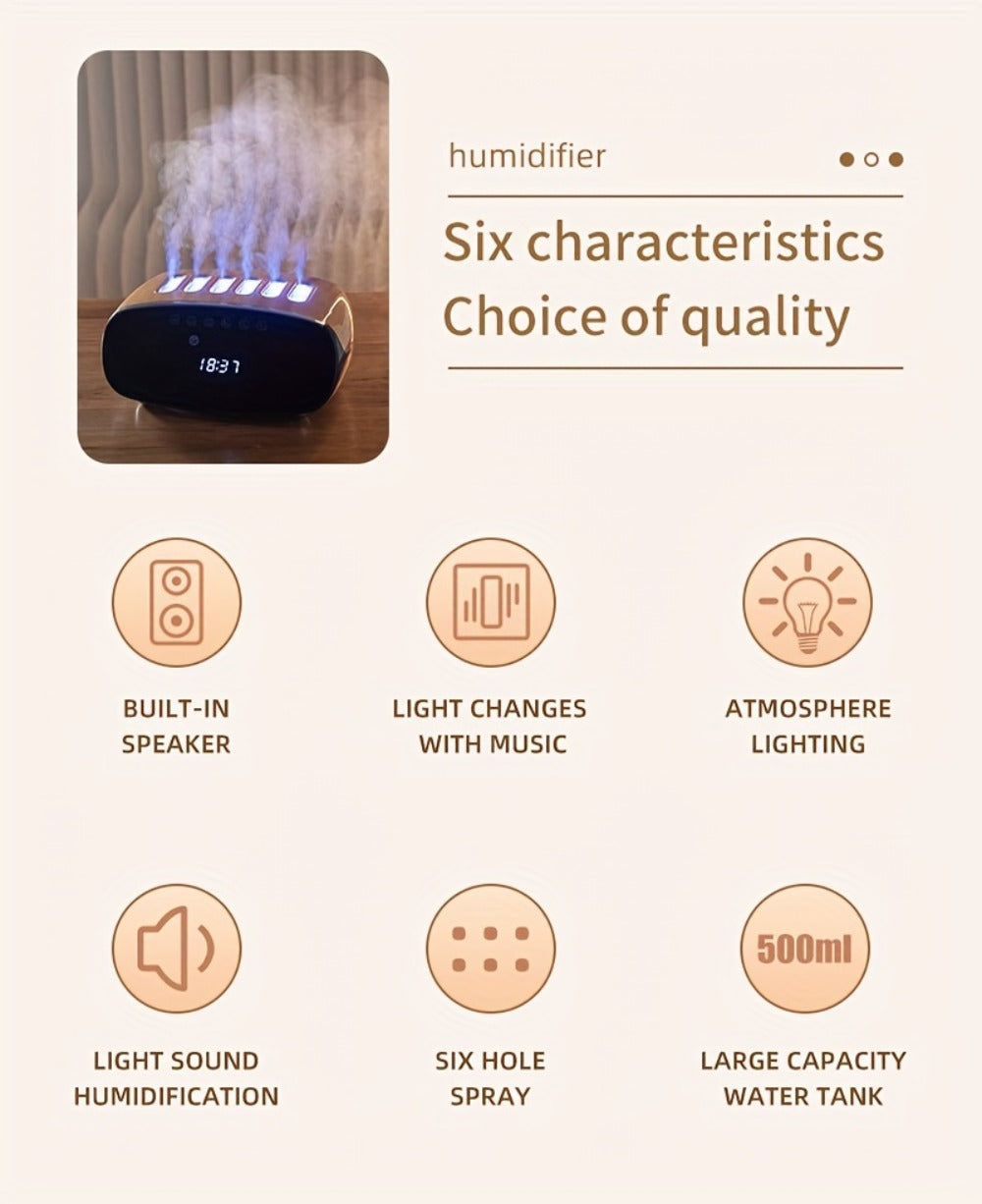 Humidifier with Bluetooth Speaker, LED Alarm Clock, Remote Control and Wood-Grain Desktop Body