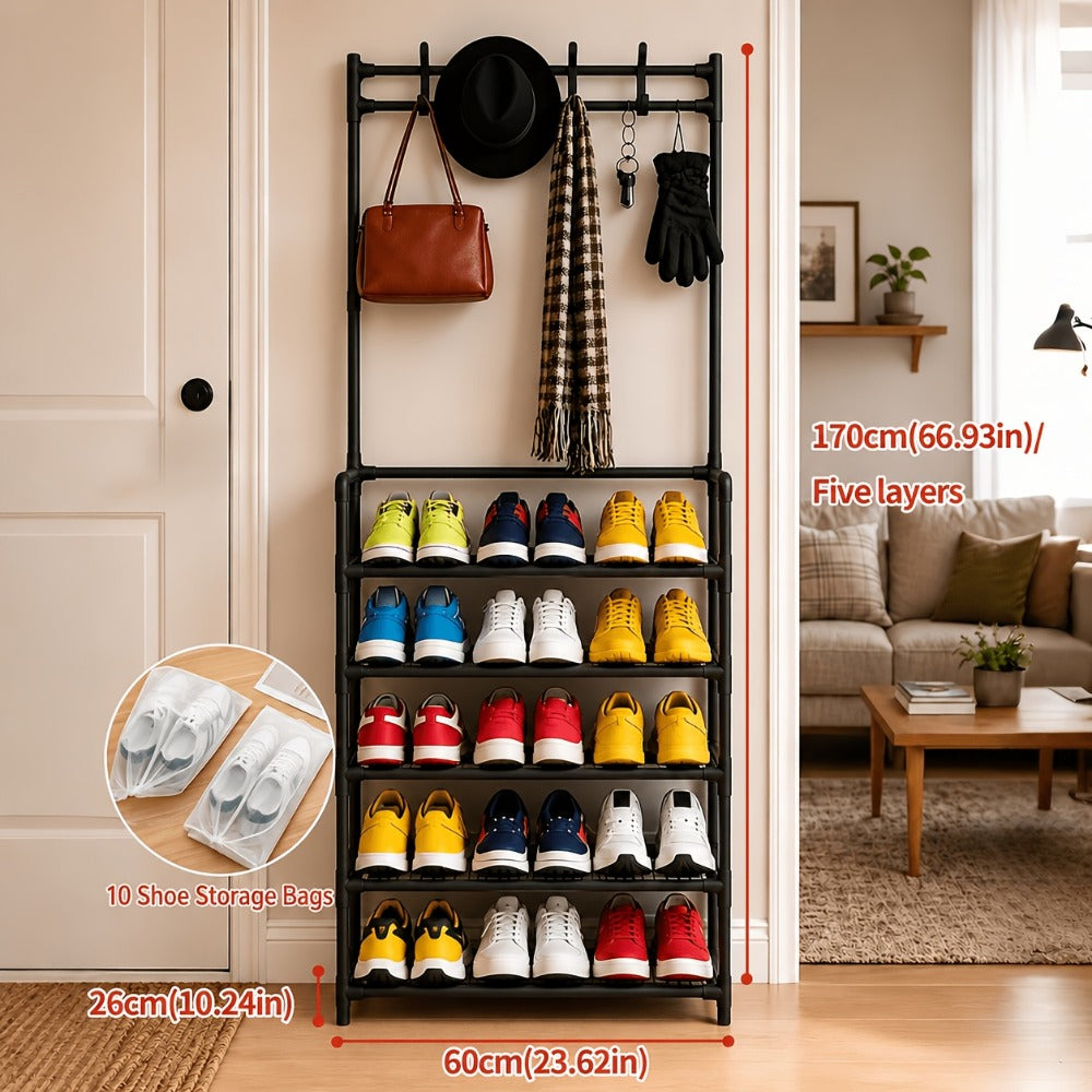Shoe Organizer Multi-Configuration Entryway Rack with 3-5 Tiers, Hooks or 10 Included Storage Bags