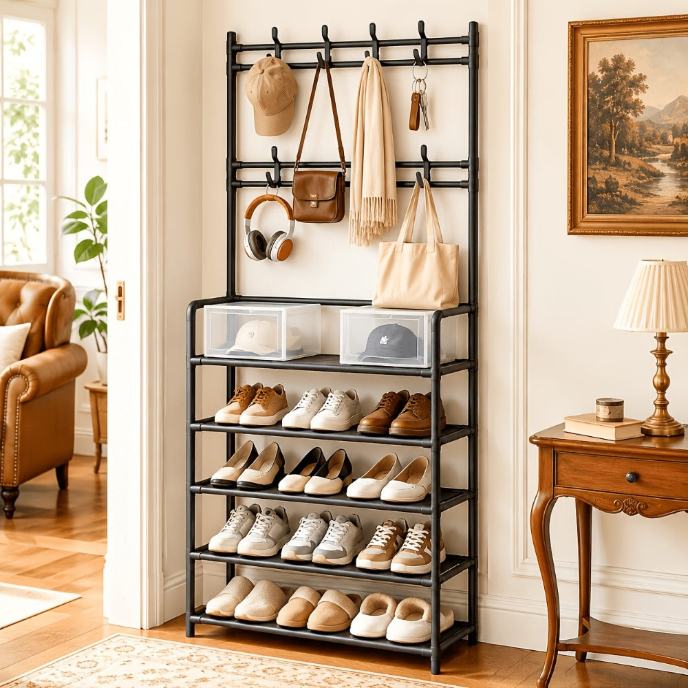 Shoe Organizer Multi-Configuration Entryway Rack with 3-5 Tiers, Hooks or 10 Included Storage Bags