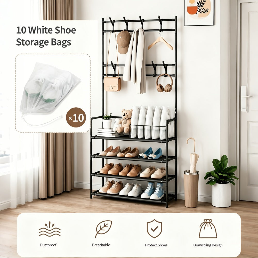 Shoe Organizer Multi-Configuration Entryway Rack with 3-5 Tiers, Hooks or 10 Included Storage Bags