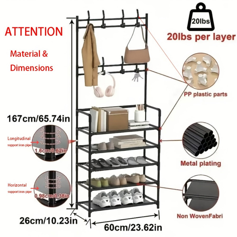 Shoe Organizer Multi-Configuration Entryway Rack with 3-5 Tiers, Hooks or 10 Included Storage Bags