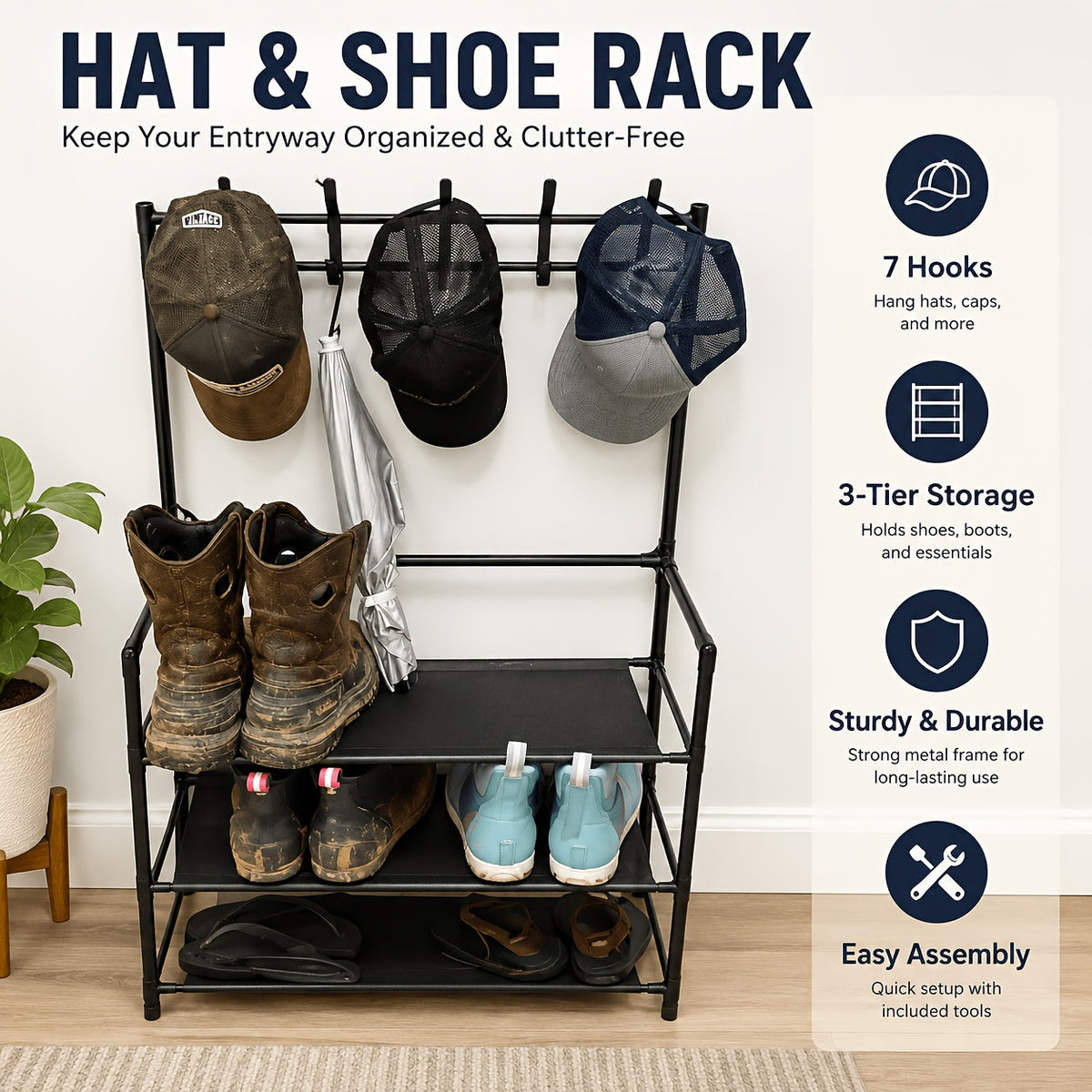 Shoe Organizer Multi-Configuration Entryway Rack with 3-5 Tiers, Hooks or 10 Included Storage Bags