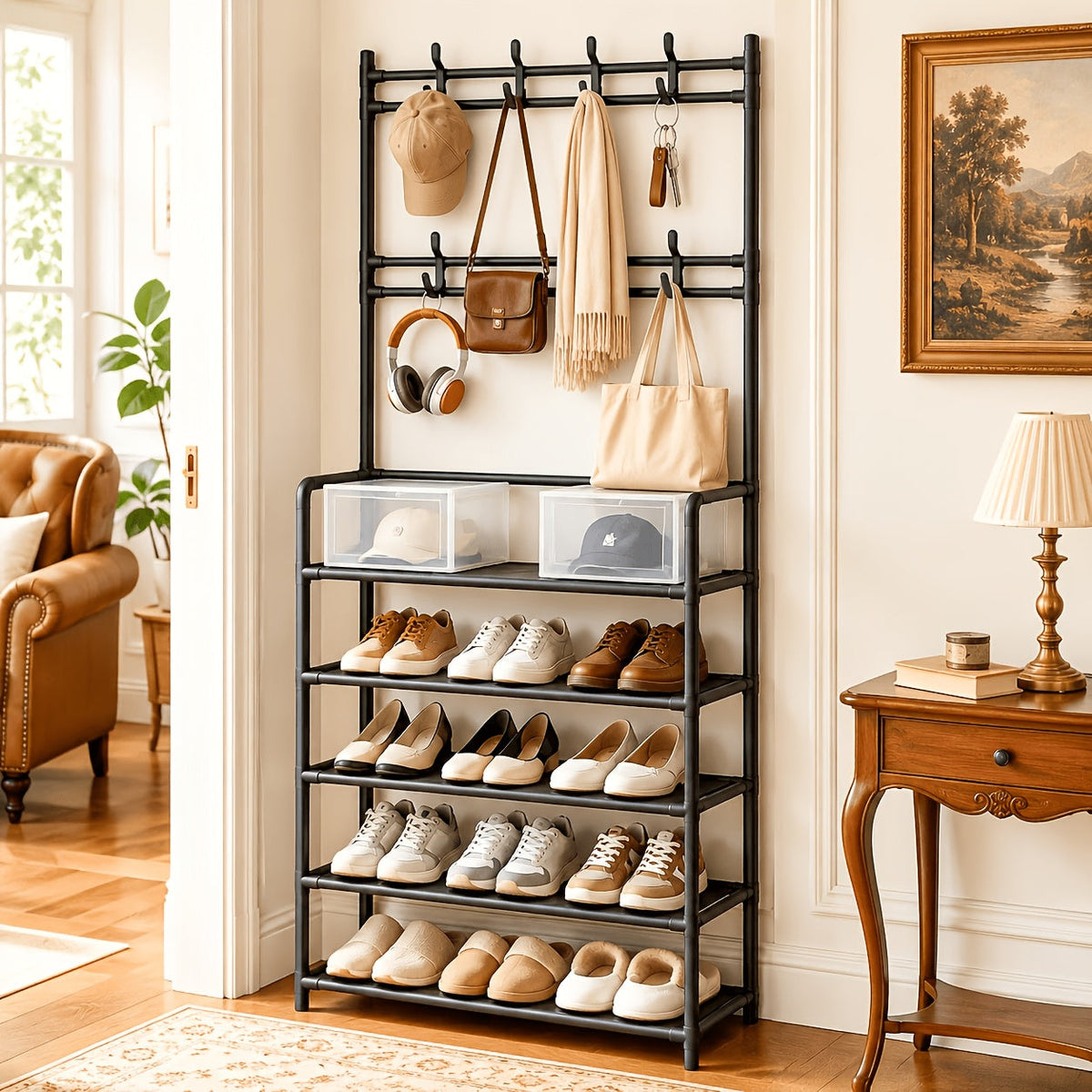 Shoe Organizer Multi-Configuration Entryway Rack with 3-5 Tiers, Hooks or 10 Included Storage Bags