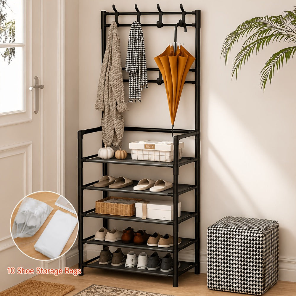 Shoe Organizer Multi-Configuration Entryway Rack with 3-5 Tiers, Hooks or 10 Included Storage Bags
