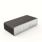 Wireless Charging Alarm Clock with Black or Silver-Tone Housing, Digital Time Display and Top Charging Surface