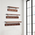 Shelf with Hooks, Solid Wood Bedroom Shelves for Wall, Wooden Coat Rack Wall Mount for Bathroom, Kitchen, Door Entryway (Walnut, 30cm/11.81inch)