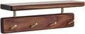 Shelf with Hooks, Solid Wood Bedroom Shelves for Wall, Wooden Coat Rack Wall Mount for Bathroom, Kitchen, Door Entryway (Walnut, 30cm/11.81inch)