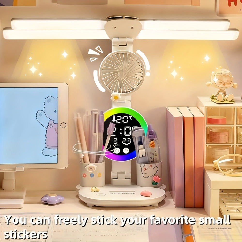 LED Desk Lamp with Built-in Fan & Touch Control, Dual Head Adjustable, USB Charging, 3 Color Modes Dimmable
