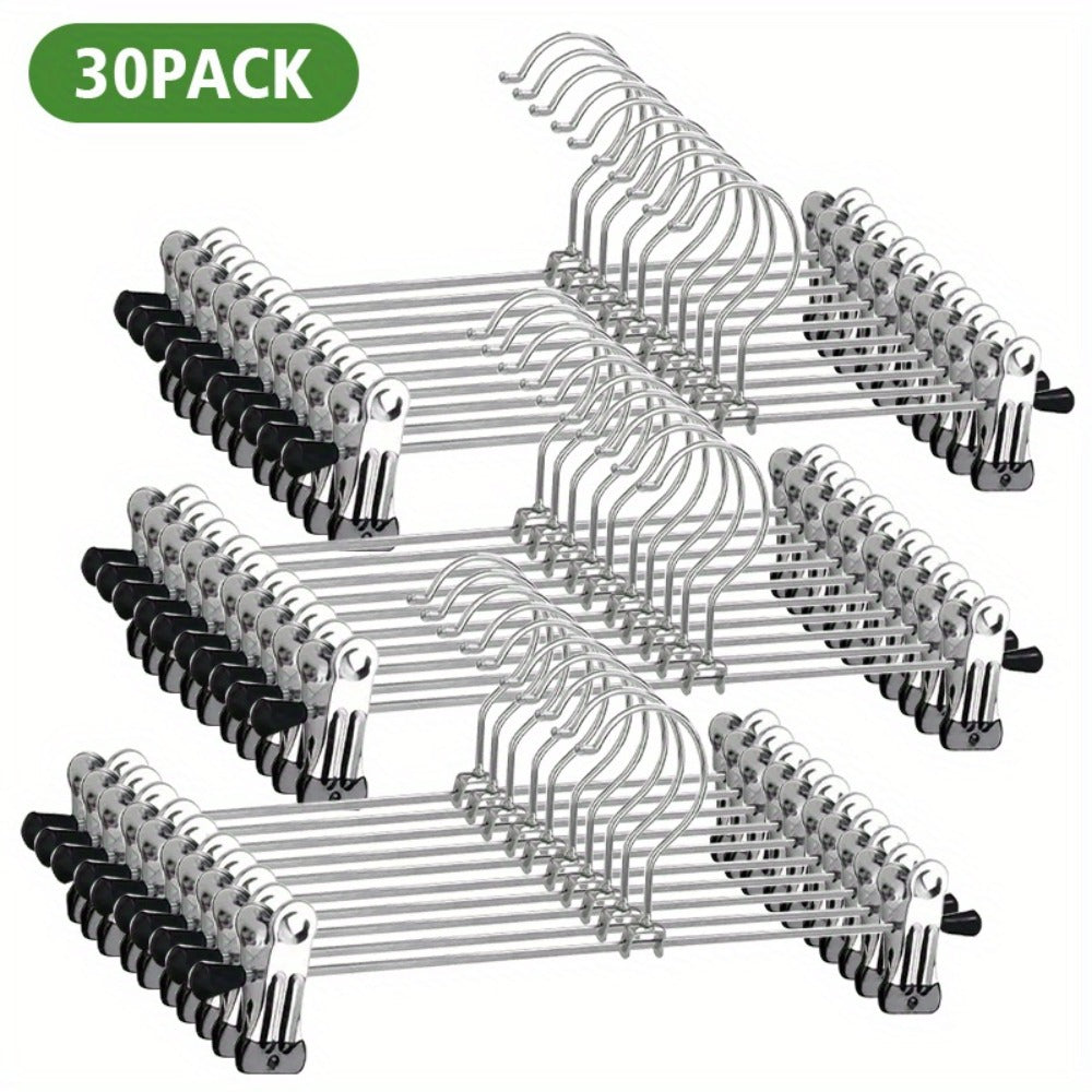 Pants Hangers with Clips 30-Pack – Adjustable Metal Skirt Hangers with 360° Rotatable Clips for Jeans, Trousers, Skirts, Dresses & Ties – Stainless Steel Closet Organizer Hangers
