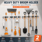 Wall Mounted Broom & Mop Holder – 304 Stainless Steel Broom Organizer with 4 Racks & 5 Hooks – Rustproof Non-Slip Wall Broom Hanger for Kitchen, Garage, Bathroom, Laundry & Closet Storage – 2 Pack