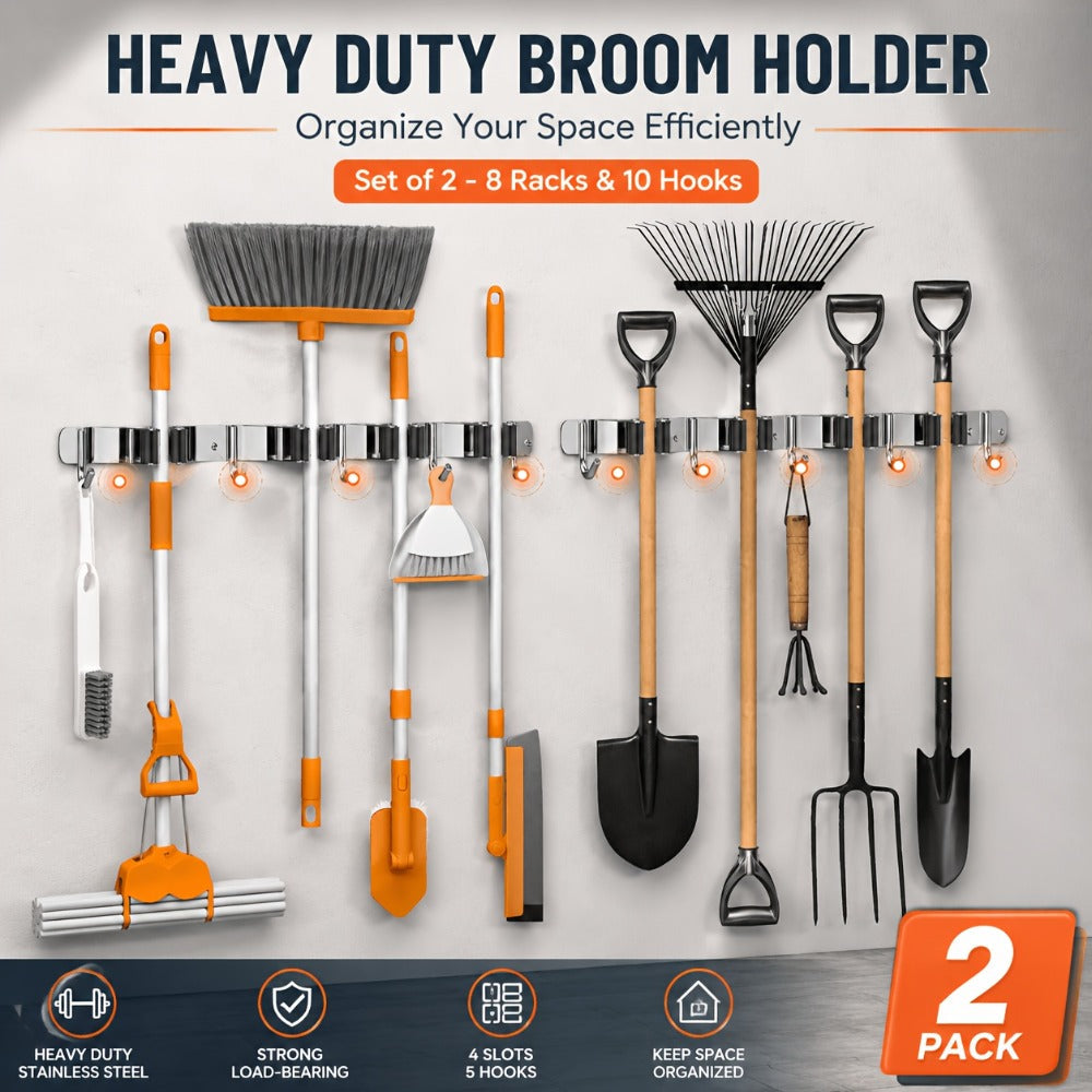 Wall Mounted Broom & Mop Holder – 304 Stainless Steel Broom Organizer with 4 Racks & 5 Hooks – Rustproof Non-Slip Wall Broom Hanger for Kitchen, Garage, Bathroom, Laundry & Closet Storage – 2 Pack